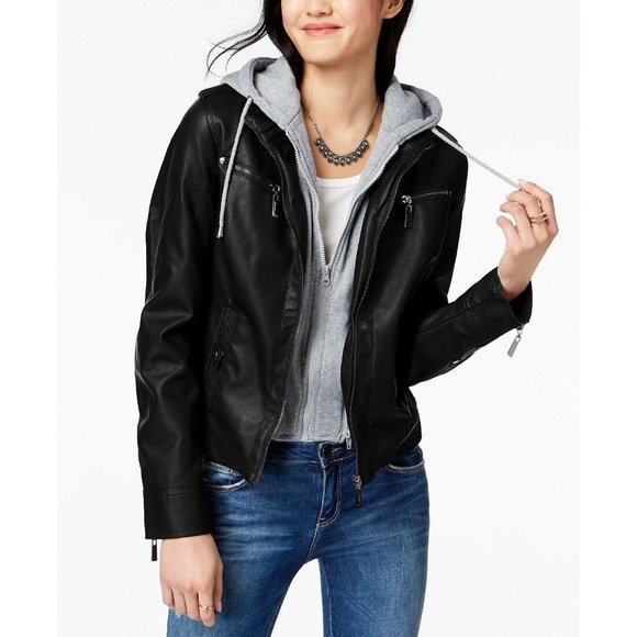Jou Jou Jackets & Blazers - Jou Jou Juniors Hooded Faux-Leather Moto Jacket XL